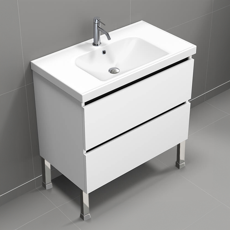 Nameeks SKY24 Modern Bathroom Vanity, Floor Standing, 32 Inch, Glossy White